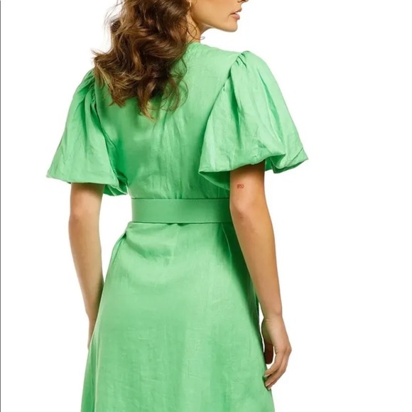 NICHOLAS Troy Dress Green Linen Midi Button Front Puff Sleeves US 4 Small - Picture 11 of 16